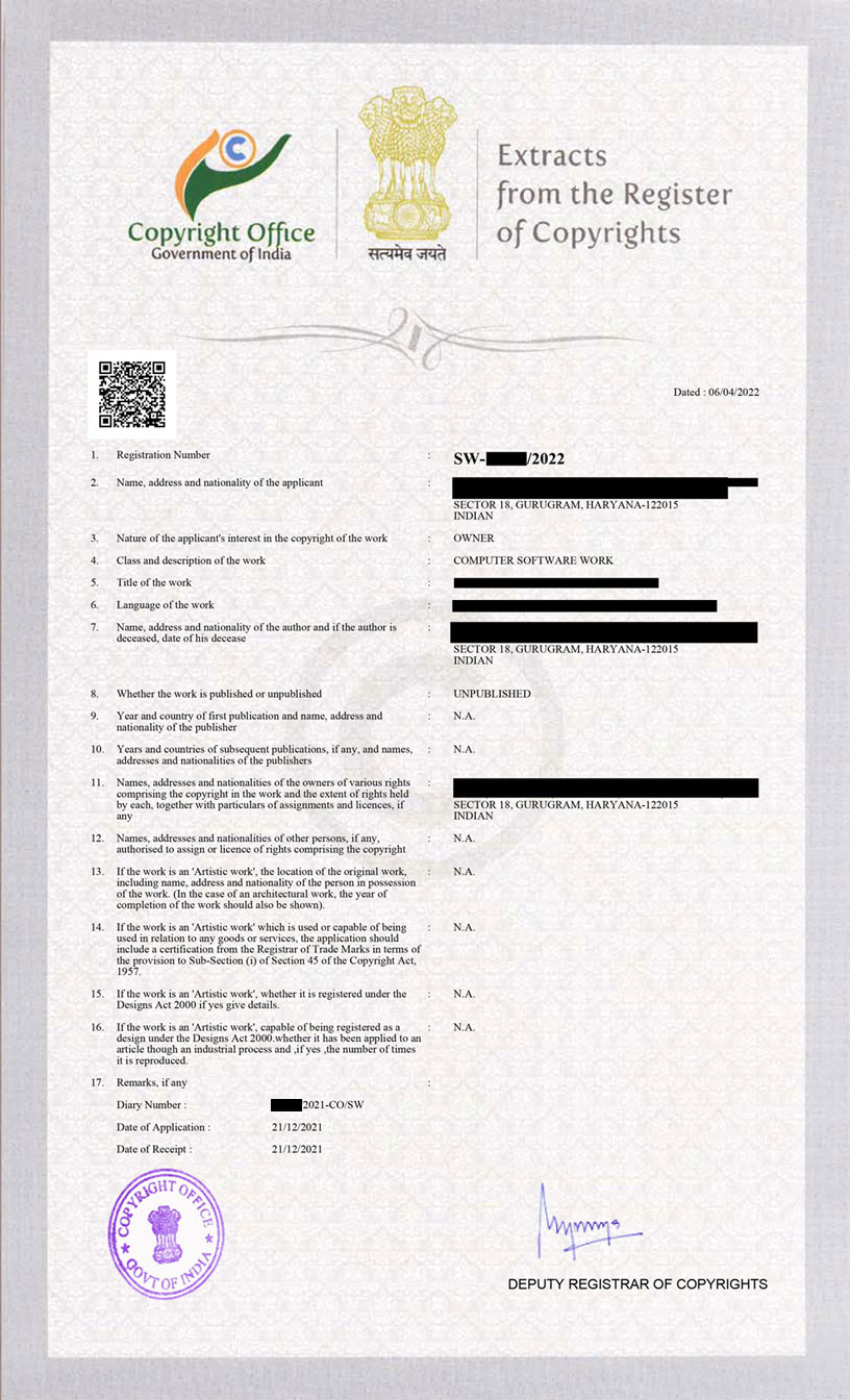 Copyright Registration Certificate, Issued by Registrar of copyrights, Govt of India