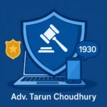 Cyber Crime Complaint in India: How to Report Online Fraud, Hacking & Cyber Harassment Legally Cyber law protection graphic featuring shield, gavel, digital security icons and mobile with 1930 helpline