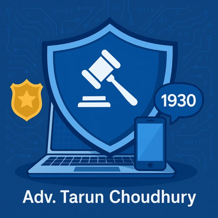 Cyber law protection graphic featuring shield, gavel, digital security icons and mobile with 1930 helpline