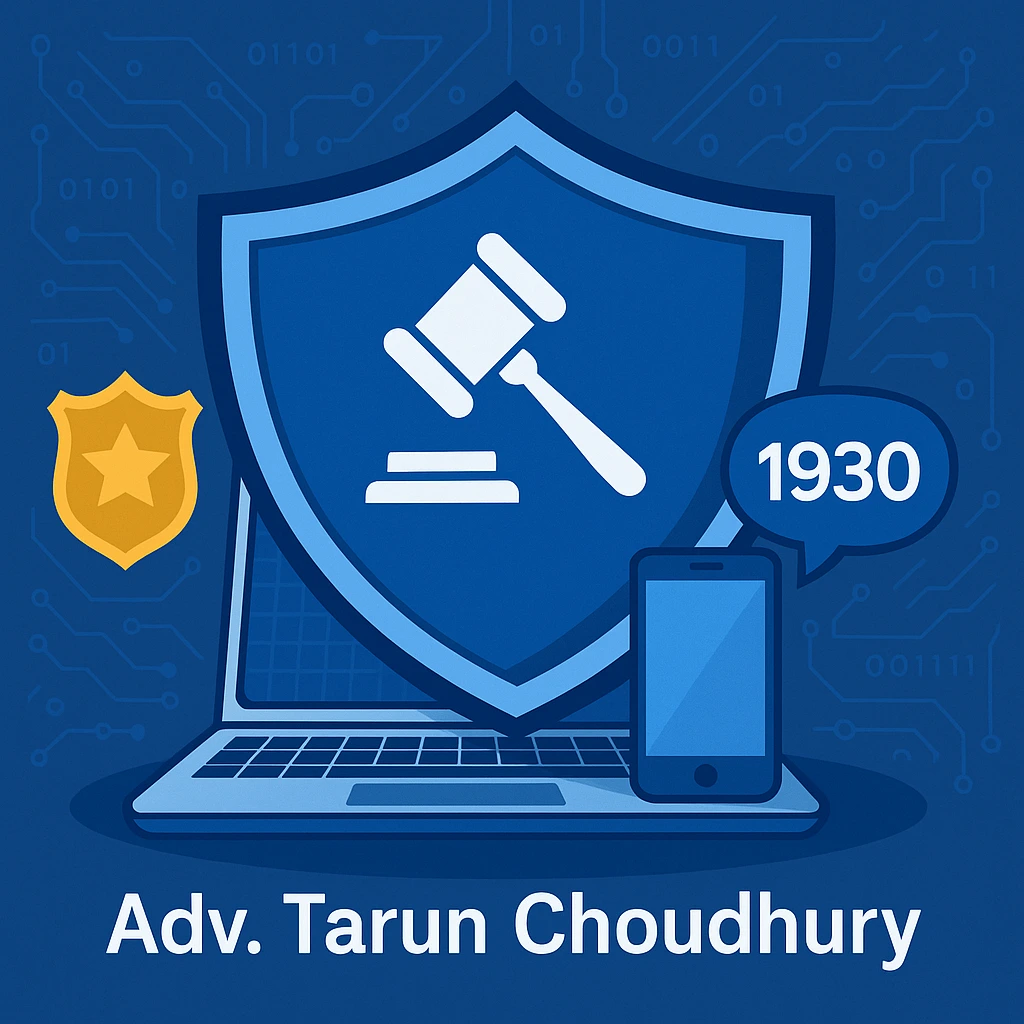 Cyber Crime Complaint in India: How to Report Online Fraud, Hacking & Cyber Harassment Legally Cyber law protection graphic featuring shield, gavel, digital security icons and mobile with 1930 helpline
