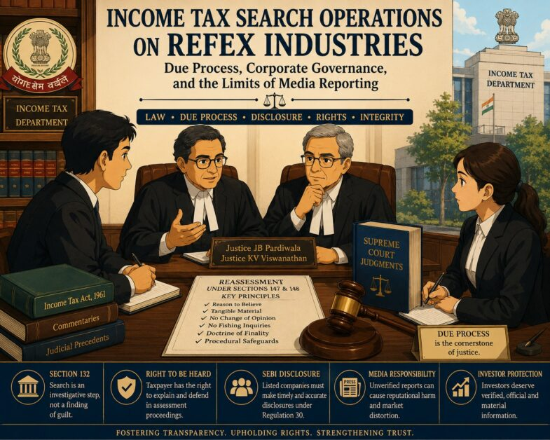 Illustration depicting the Refex Industries IT raid, Section 132 Income Tax search proceedings, SEBI disclosures, due process rights, and media reporting issues in India.